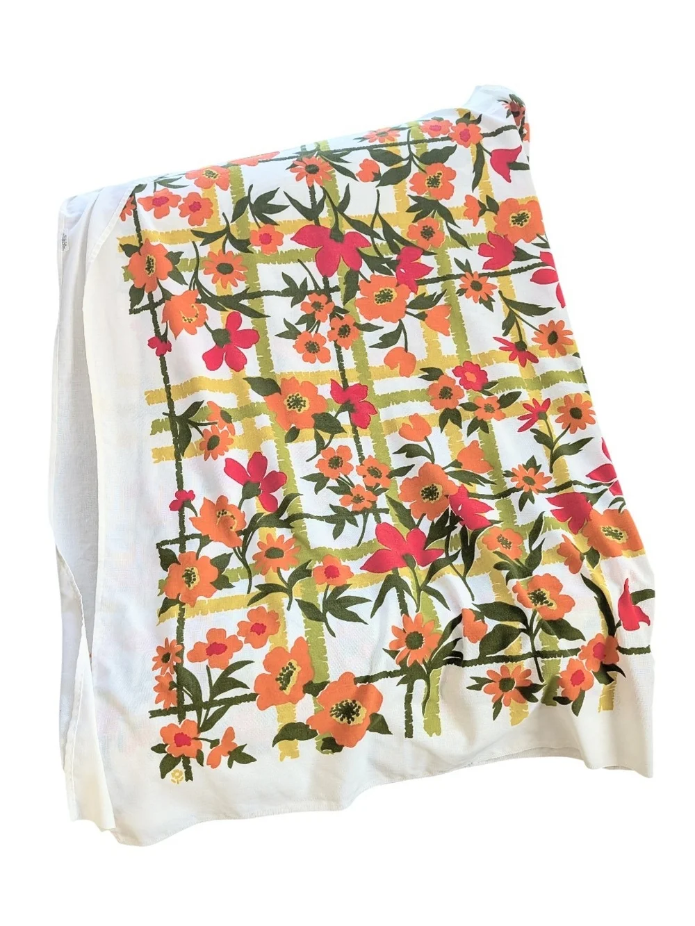 Vintage 1950s Floral Plaid Tablecloth Retro Orange/ Green, 67x52